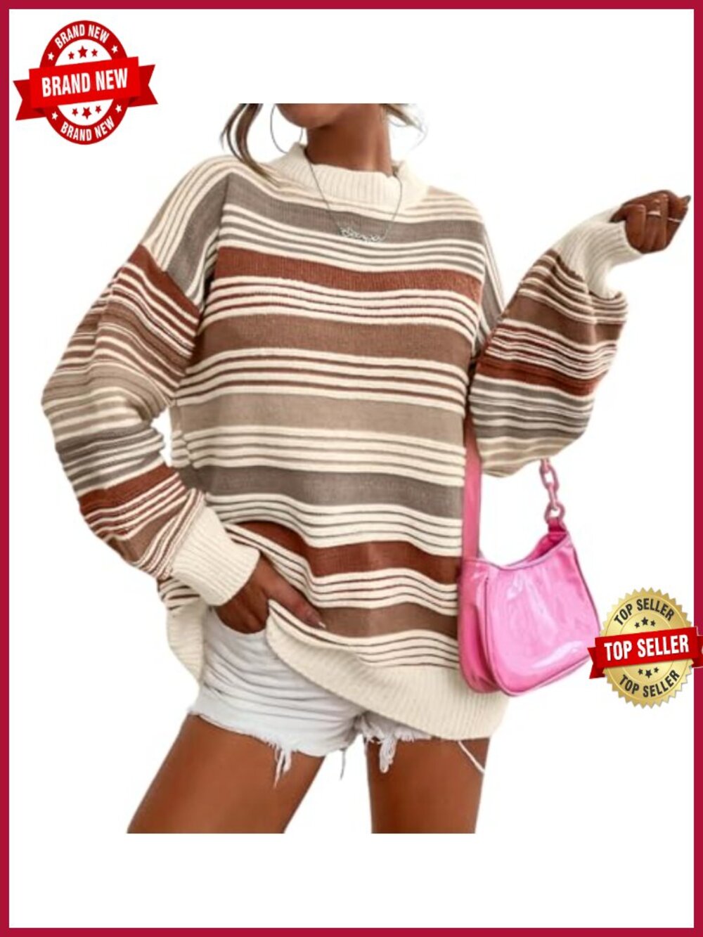 Women Oversized Contrast Striped Pullover Sweater Crew Neck Long Sleeve Knit